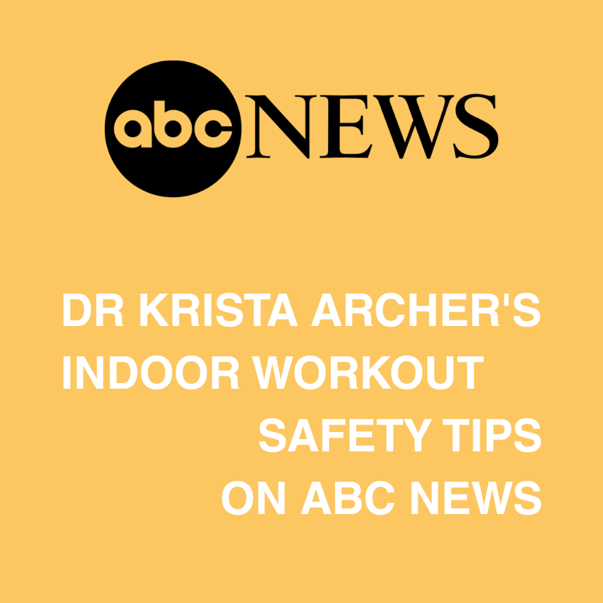 ABC News logo on a yellow background with text about Dr. Krista Archer's indoor workout safety tips.