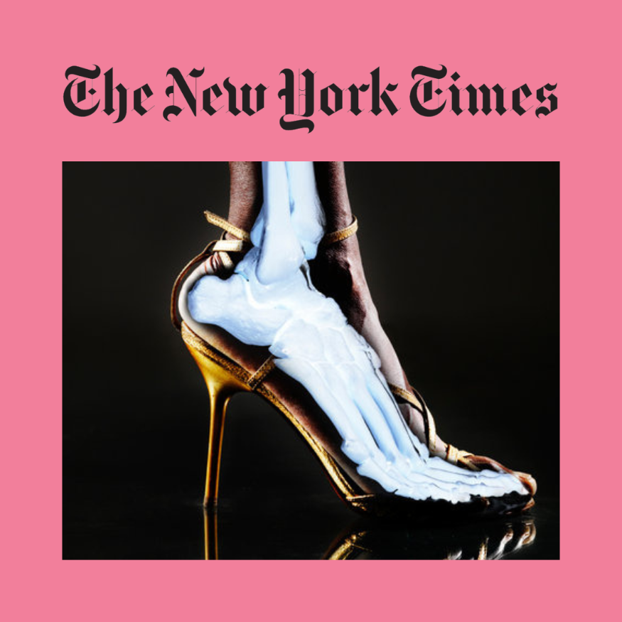style image of an x ray of a foot wearing. gold stiletto, features the logo for THE NEW YORK TIMES
