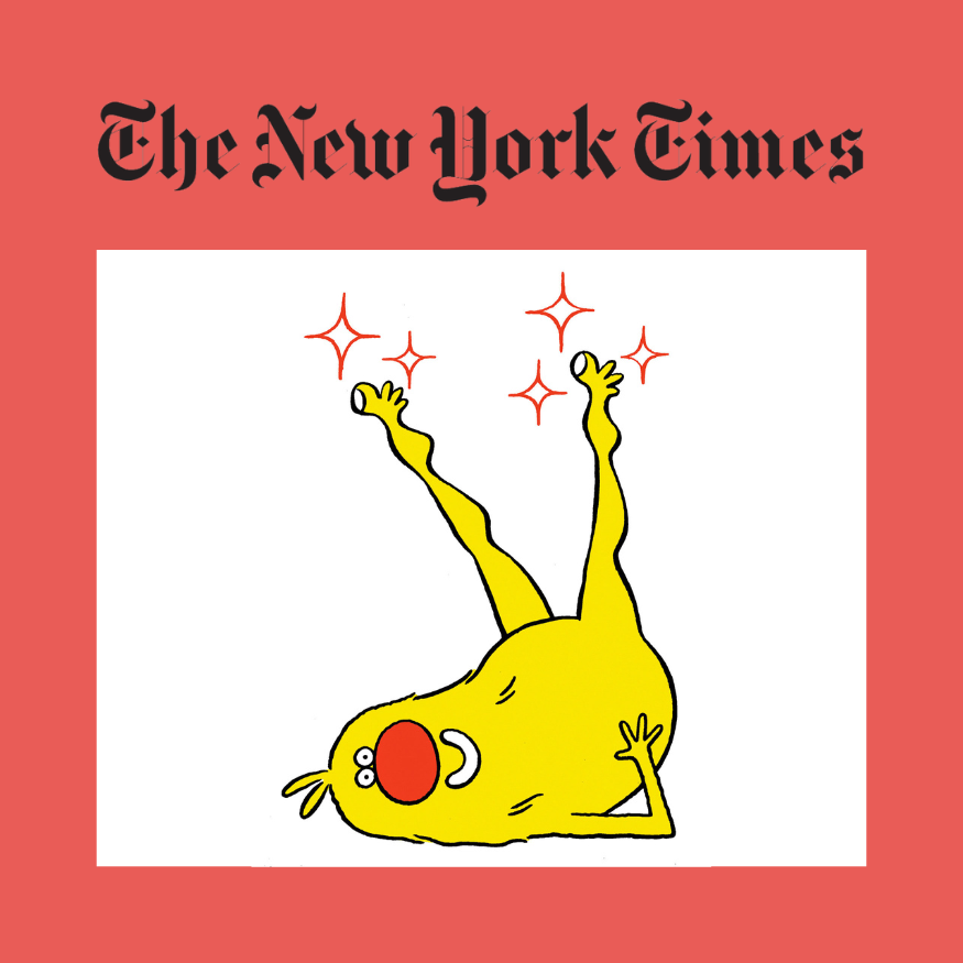 Yellow bird character with red circle on a red background with 'The New York Times' logo.