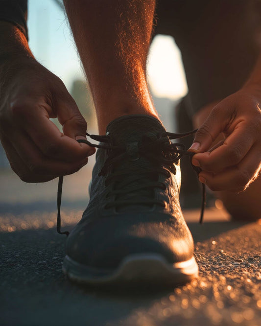 A man is leaned over tying his running shoe.