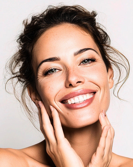 A woman with dark hair and clear skin smiling and holing her face gently with both hands