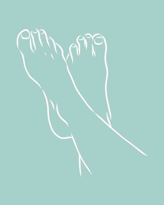 White sketch of two feet crossed on a green background