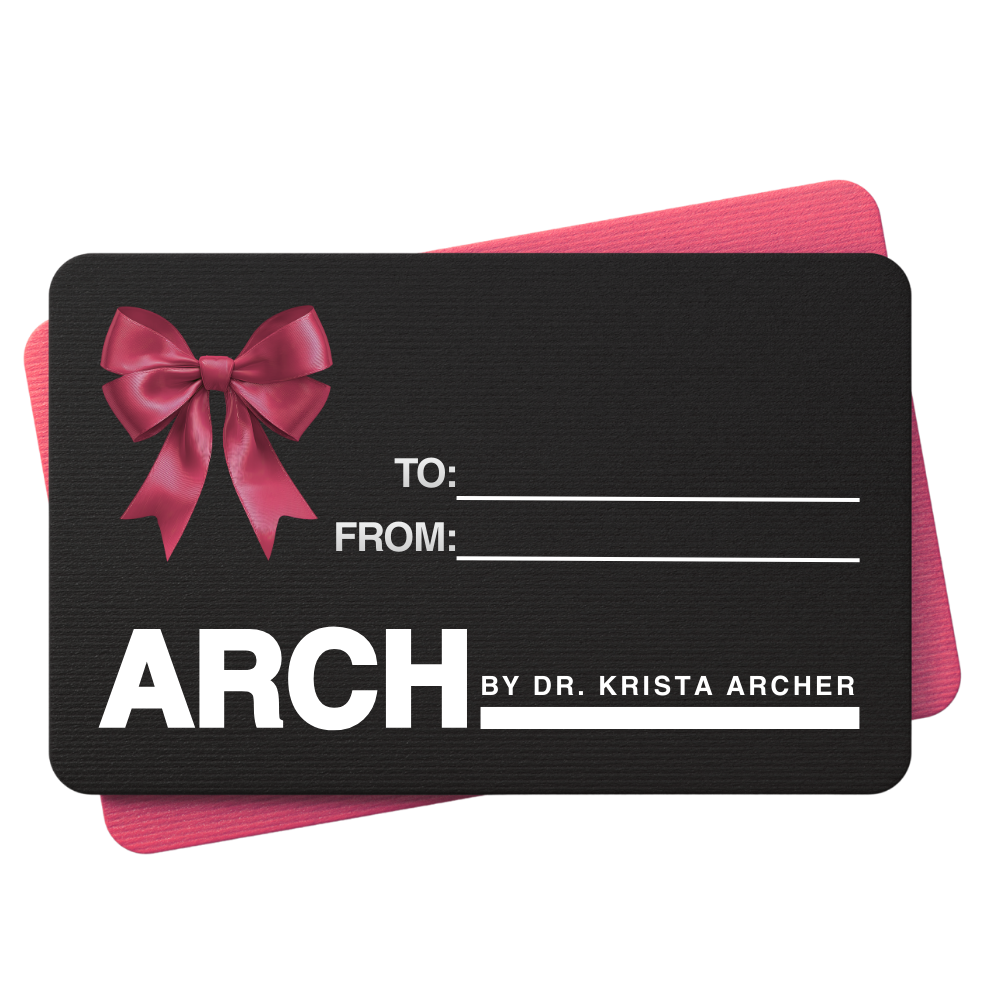 Black gift card with red bow and 'ARCH by Dr. Krista Archer' text on a white background