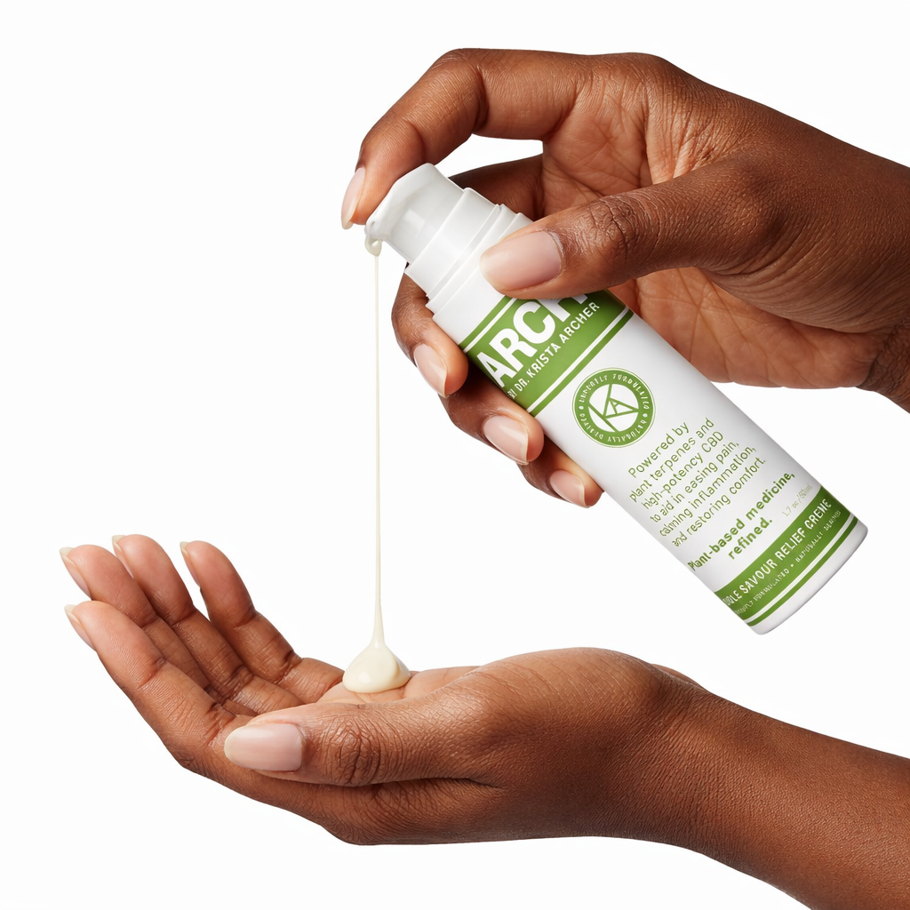 Hand holding a bottle of ARCH Sole Savour Relief Creme over another hand with a small amount of cream.