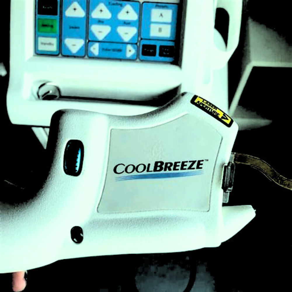 White electronic device with 'Cool Breeze' branding on a dark background