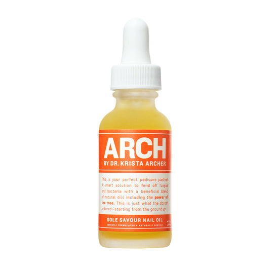 A bottle of ARCH Sole Savour Nail Oil with a dropper cap. The label includes the brand name and the product description.