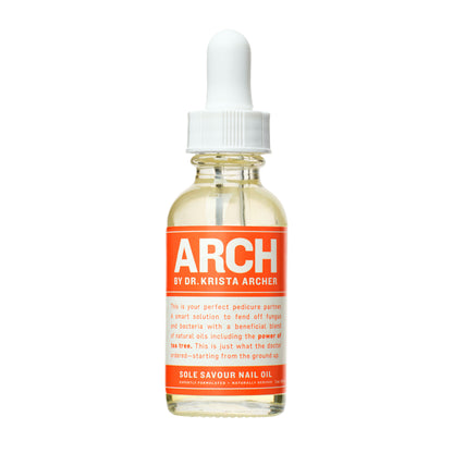 A clear glass bottle with a white dropper containing orange colored liquid, labeled as ARCH by Dr. Krista Archer.
